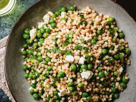 COUSCOUS, PEA AND FETA SALAD Pearled Couscous Recipes, Roast Lamb, Couscous Salad, Lamb Roast, Feta Salad, Frozen Peas, Perfect Side Dish, Couscous, Peas