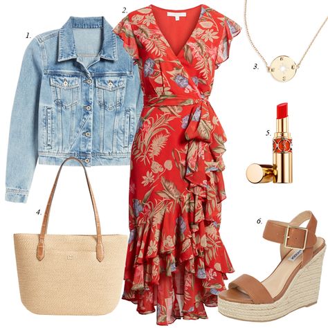 floral ruffle dress espadrille sandals, summer outfit, what to buy summer, summer sales, red floral ruffle dress, wedge espadrille sandals, straw tote, summer trends فستان زهري, Outfit Denim, Denim Jacket With Dress, Skirt Maxi, Spring Floral Dress, Straw Tote, Summer Dress Outfits, Dress Spring, Espadrille Sandals