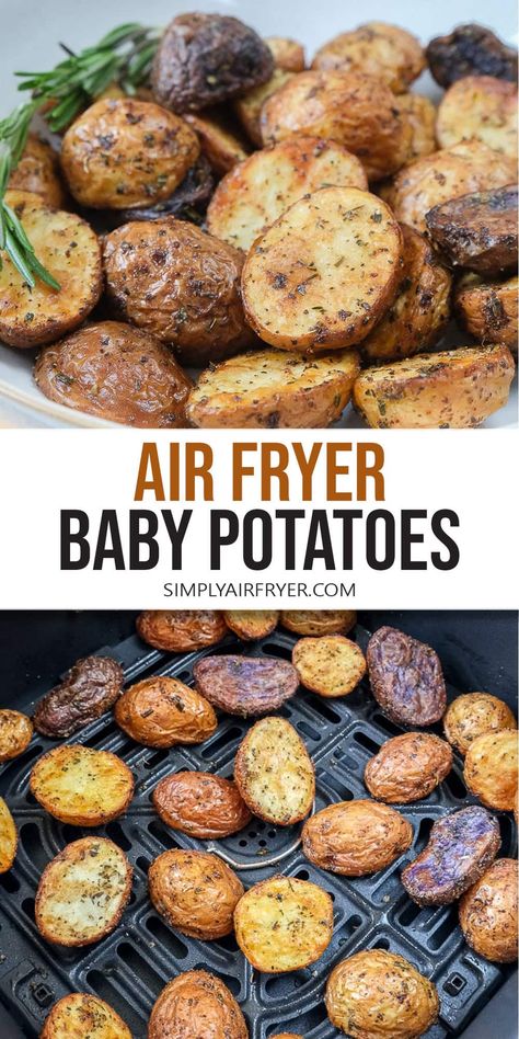 Want to make air fryer baby potatoes? These colorful little potatoes are crispy on the outside and tender on the inside with a tasty flavor! Small Potatoes Air Fryer Recipe, Air Fryer Roasted Potatoes Recipes, Air Fry Small Potatoes, Potato In Air Fryer Recipes, Air Fryer Baby Potatoes Recipes, Air Fryer New Potatoes, Air Fry Baby Potatoes, Roasted Baby Potatoes Air Fryer, Airfryer Roasted Potatoes