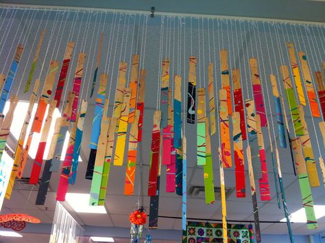 Paint sticks Paint Sticks, Collaborative Art Projects, Hanging Sculpture, Ceiling Art, Stick Art, Hanging Artwork, Collaborative Art, Painted Sticks, School Art Projects