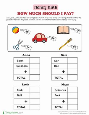 Help Anna figure out how much she needs to pay! This math with money worksheet gets your child to do some simple addition and preps her to handle real money. Money Worksheets 1st Grade, Money Worksheets 2nd Grade, Money Math Worksheets, Worksheet For Class 2, 2nd Grade Reading Worksheets, Mental Maths Worksheets, Worksheets For Class 1, Teaching Money, Money Math