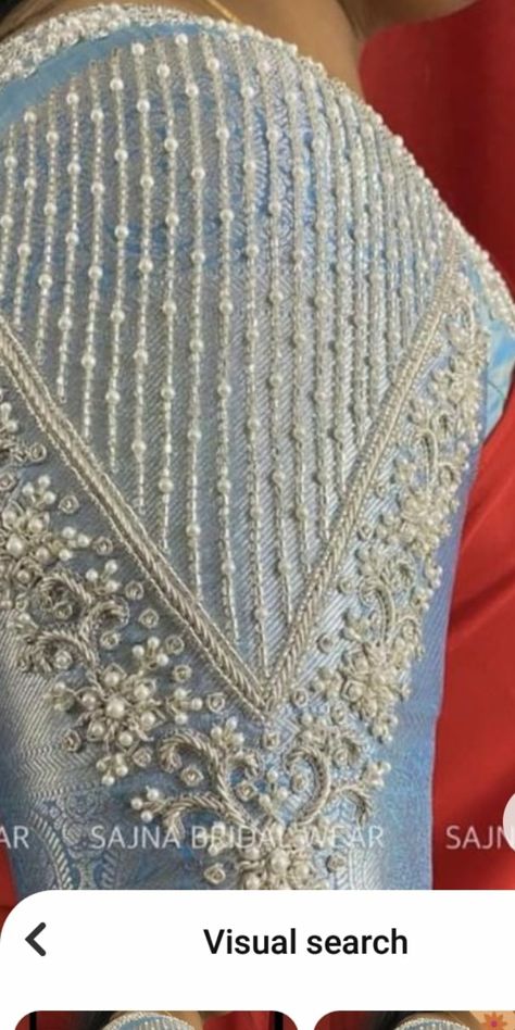 Silver Zari Work Blouse Bridal, Aari Work Tracing Patterns Bridal, Silver Zari Aari Work Blouse, Silver Thread Work Blouse Designs, Silver Blouse Designs Latest, Silver Maggam Work, Silver Maggam Work Blouse Designs, Silver Aari Work Blouse, Ruffle Blouse Designs