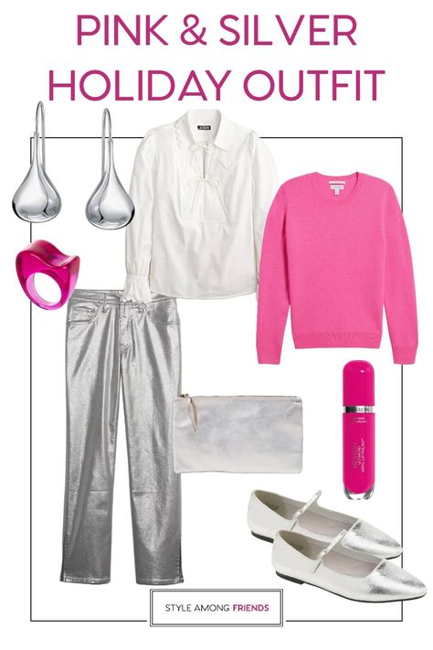 Shop your closet first, then shop the sales for a festive holiday look! One of us broke tradition with silver/pink and the other went classic with green sparkle! (Bet you can't guess who picked what!!!) ⁠ ⁠ Holiday Outfit, Pink and Silver, Holiday Silver Pants, Pink Sweater, Silver Flats, OOTD, Holiday Look, Holiday Style Hot Pink Sweater Outfit, Pink Sweater Outfit, Shop Your Closet, Hot Pink Pants, Festive Attire, Silver Pants, Hot Pink Sweater, Outfit Pink, Silver Flats