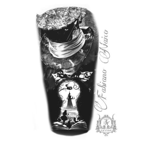 Alice In Wonderland Sleeve Tattoos For Women, Mad Hatter Tattoo Design, Dark Alice In Wonderland Tattoo Ideas, Mad Hatter Tattoo Ideas, Alice In Wonderland Tattoo Sleeve, Mad Hatter Tattoo, Rebirth Tattoo, Disney Inspired Tattoos, Alice In Wonderland Tattoo