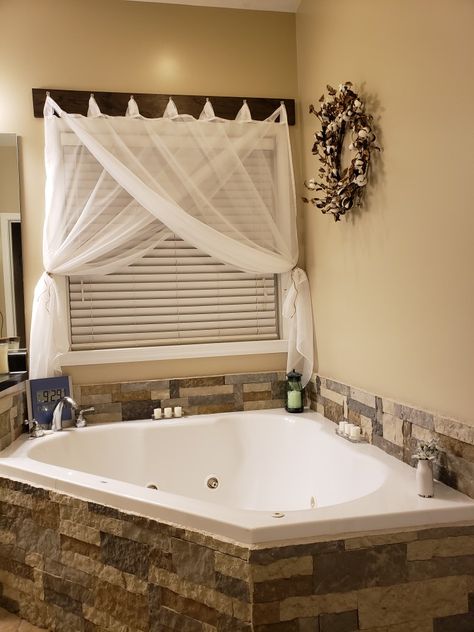 Master Bath Tub Ideas Decor, Decorate Garden Tub, Garden Tub Backsplash Ideas, Garden Tub Window Ideas, Around Tub Decor Ideas, Garden Tub Decor Master Bath Farmhouse, Corner Bath Tub Decor, Big Tub Decor Ideas, Corner Tub Master Bath Decor