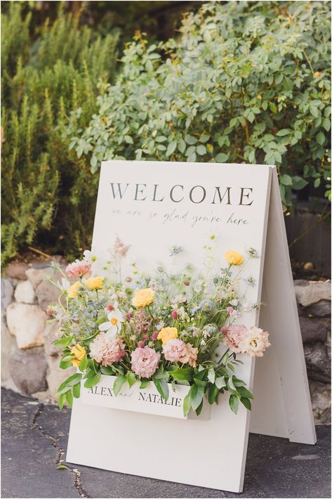 Welcome Sign Wedding Flowers, Malibu Rocky Oaks Wedding, Wedding Entrance Sign, Floral Arch Wedding, Intimate Wedding Venues, Nature Inspired Wedding, Malibu Wedding, Wedding Entrance, La Wedding