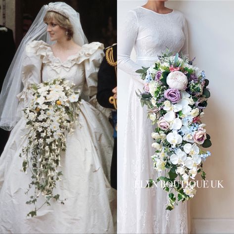 💜The biggest and longest bouquet I’ve ever made. The inspiration came from the princess Diana’s wedding in 1981, this cascading bouquet is among the most of memorable bouquet in the world. This bespoke waterfall bouquet included plenty of greenery among the bridal blooms choice. Ivy and eucalyptus were used to provide the depth and texture. Arranged with exotic orchids and frilly peony to create a modern look cascading bridal style bouquet. 💜Approx. 13” wide / 30” long. #royalwedding #t Diana Wedding Bouquet, Waterfall Bouquet, Princess Diana Wedding, Cascading Bouquet, Diana Wedding, Exotic Orchids, Cascade Bouquet, Bridal Bouquets, Flower Bouquet Wedding