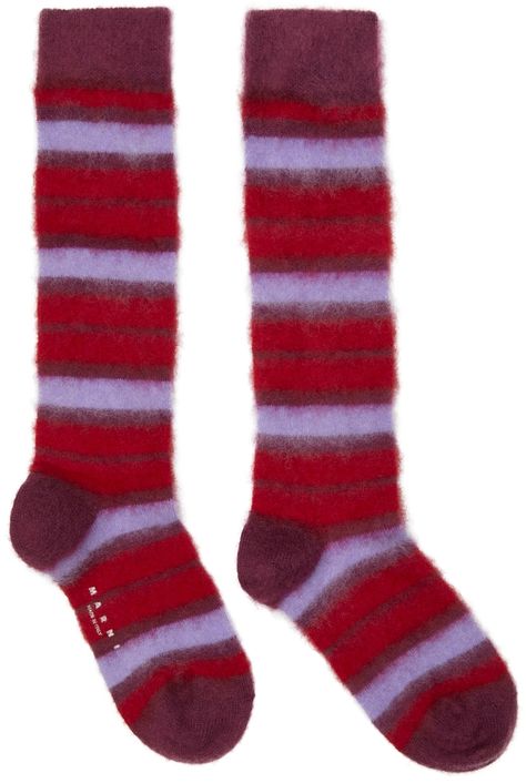 Mid-calf knit stretch mohair and virgin wool-blend socks striped in red, pink, and purple. Rib knit cuffs. Logo printed in white at sole. Supplier color: Red Marni Mohair, Wool Blend Socks, Designer Headbands, Stripe Socks, Layered T Shirt, Striped Socks, Tube Socks, Cedar Wood, Baby Costumes