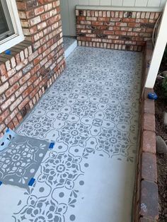 Stenciled Tile, Stencil Concrete, Porch Paint, Cement Patio, Porch Tile, Painted Front Porches, Painted Patio, Porch Rug, Porch Furniture