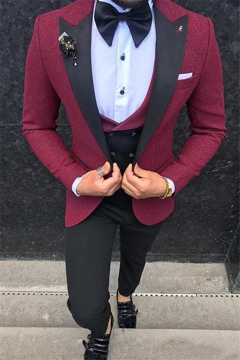 Daisda Popular Burgundy Groom And Groomsmen Suits Peaked Lapel With Three-Pieces Burgundy Groom, Wedding Dress Jumpsuit, Groom And Groomsmen Suits, Pieces Men, Dress Suits For Men, Men With Street Style, Stylish Suit, Groomsmen Suits, Prom Suits