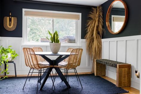 Dining room with black walls, white board and batten siding, large window and mirror White And Black Walls, Room With Black Walls, White Board And Batten Siding, White Board And Batten, Black Neighborhood, Living Room Transformation, Board And Batten Siding, New Countertops, Kitchen Views