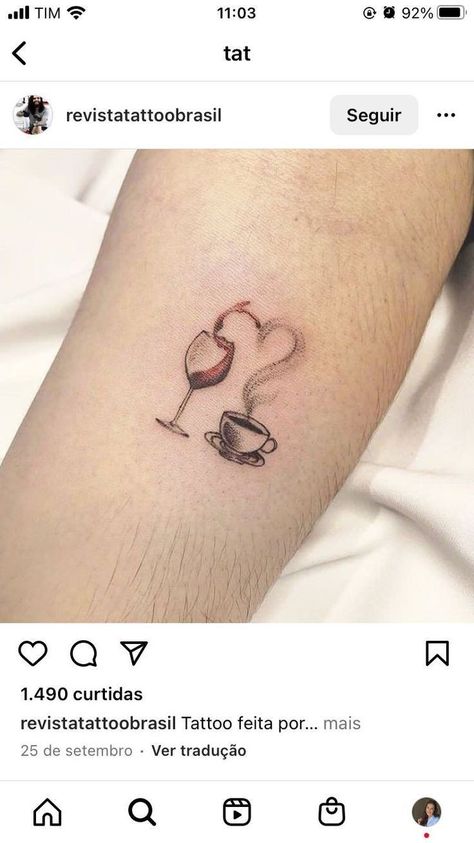 Spilled Wine Glass Tattoo, Tattoo Wine Ideas, Coffee And Wine Tattoo Ideas, Best Friend Coffee Tattoos, Wine Tatoos Ideas, Coffee And Wine Tattoo, Matching Coffee Tattoos, Tea Tattoo Ideas, Wine Tattoo Ideas