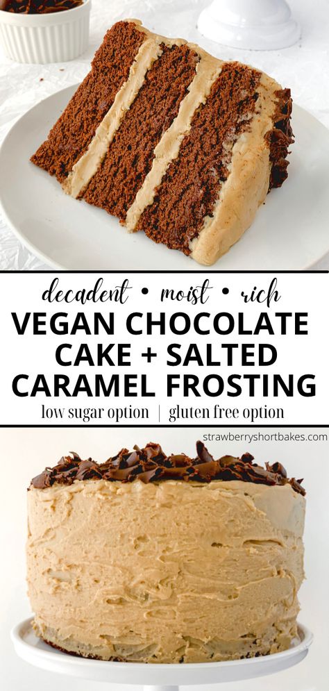 Chocolate Cake With Salted Caramel, Vegan Salted Caramel, Chocolate Caramel Cake, Salted Caramel Frosting, Salted Caramel Cake, Vegan Baking Recipes, Vegan Caramel, Vegan Chocolate Cake, Vegan Cake Recipes