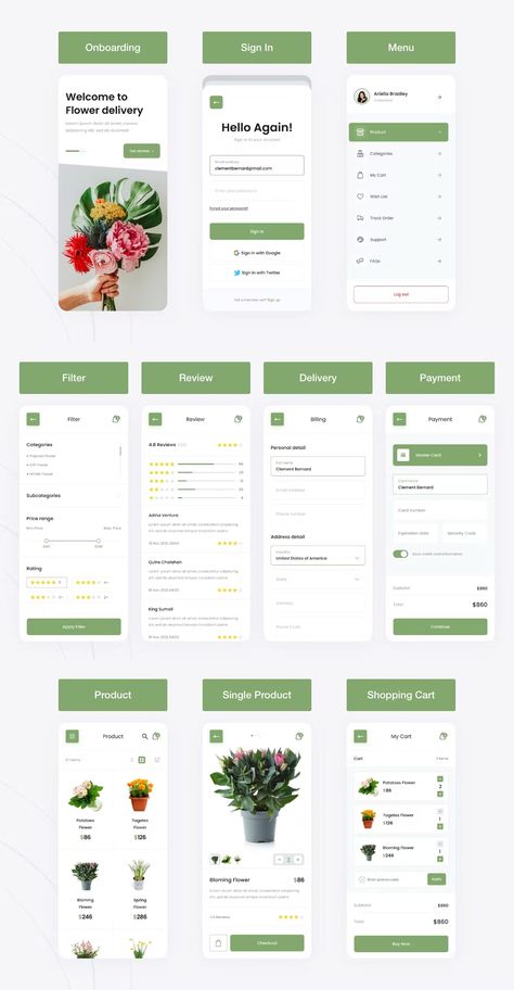 Flower Shop App Mobile App UI Template FIG, SKETCH, XD Flower Shop App Design, Florist App Design, Flower Shop App, Nursery Logo Design, Fig Sketch, Florist Website, Desain Ux, Catalog Design Layout, Plant App