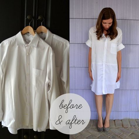 dress made from two men's shirts Mens Shirt To Dress, Gamle T Shirts, Umgestaltete Shirts, Ropa Upcycling, Mens Shirt Refashion, Recycled Sweaters, Beautiful Objects, Upcycle Sweater, Shirt Refashion