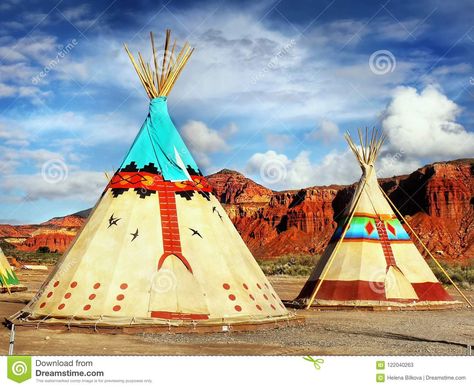 Photo about Native American Indian tents - teepee, decorated with ornaments in desert landscape. USA. Image of traditional, teepee, native - 122040263 Tipi Painting, Teepee Art, Indian Teepee, Native American Teepee, Wilde Westen, Native American Pictures, Landscaping Images, Teepee Tent, Native American Tribes