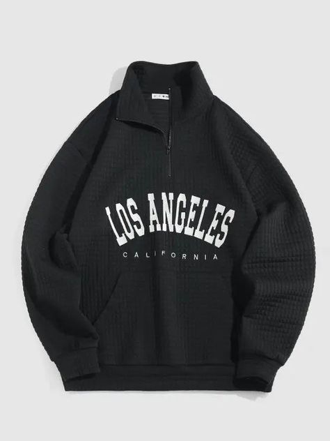 LOS ANGELES Embroidered Textured Sweatshirt Stand Collar Shirt, Cheap Sweatshirts, Boho Fashion Summer, Funny Hoodies, Quarter Zip Sweatshirt, Classic Jeans, Hoodies For Men, Mens Casual Outfits, Collar Shirt