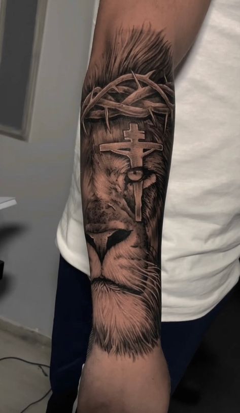 Lion tattoo Cover Up Tattoos Forearm, Forearm Lion Tattoo, Lion Cross Tattoo, Lion Arm Tattoo, Thorn Tattoo, Sibling Tattoos, Religious Tattoo, Tattoo Design Book, Tattoo Cover-up