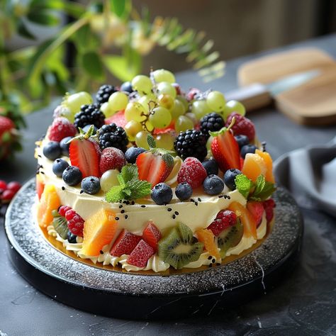 Fresh Fruit Topped Cake Recipe Ingredients: For the Cake: All-purpose flour: 2 1/2 cups Baking powder: 2 teaspoons Baking soda: 1/2 teaspoon Salt: 1/2 teaspoon Unsalted butter: 1 cup (room temperature) Granulated sugar: 1 1/2 cups Eggs: 4 large Vanilla extract: 2 teaspoons Whole milk: 1 cup Lemon zest: 1 tablespoon For the Frosting: Heavy cream: 2 cups (chilled) Powdered sugar: 1/2 cup Vanilla extract: 1 teaspoon For the Topping: Fresh strawberries: 1 cup, hulled and halved Fresh blueberri... Fruit Topped Cake, Birthdays Cakes, Fruit Birthday Cake, Fruit Birthday, Easy Cake Decorating, Recipe Ingredients, Fresh Strawberries, Whole Milk, Fresh Strawberry