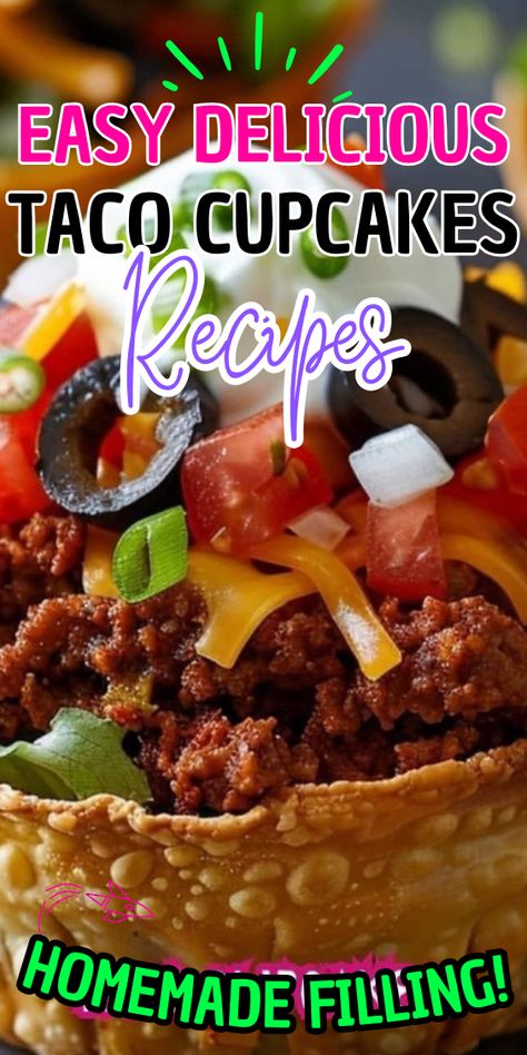 Taco Cupcakes Taco Cupcakes Recipe, Taco Cupcakes With Tortillas, Crunchy Taco Cupcakes, Taco Cupcakes Wonton, Cupcake Tacos, Taco Muffins, Tiny Tacos, Texmex Recipes, Southwest Food