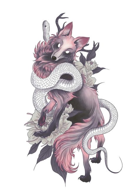 Fox and Snake #tattoosforwomen #tattooideas Fox Tattoo Sketch, Fox Tattoo Design, Tier Tattoo, Snake Tattoo Design, Muster Tattoos, Snake Art, Fox Tattoo, Tattoo Style Drawings, Japanese Tattoo Designs