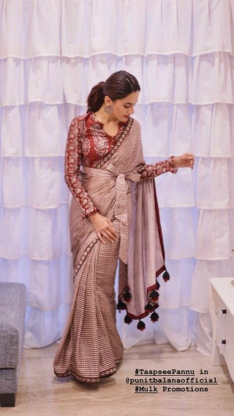 Tapsee Pannu Style, Tapsee Pannu Saree, Tapsee Pannu, Saree Drape, Long Blouse Designs, Blouse Designs Catalogue, Traditional Blouse Designs, Fashionable Saree Blouse Designs, Taapsee Pannu