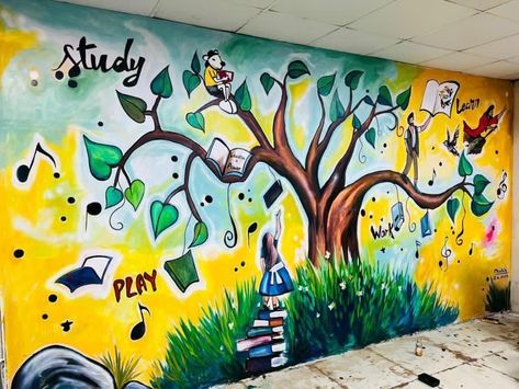 #education #grow#growth #graffiti #painting #paint #ootd #art #india #delhi #murals School Art Murals, Community Mural Ideas, Mural Ideas School, High School Mural, Simple Graffiti, School Wall Art Ideas, Gratitude Wall, School Hallways, School Wall Art