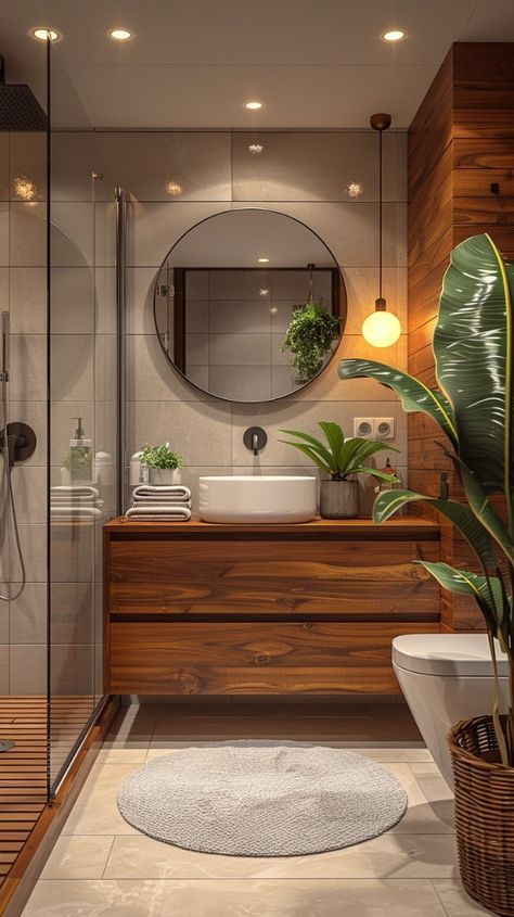 Warm Tone Bathroom Ideas, Modern Zen Bathroom, Warm Wood Tones, Dark Wood Bathroom, Warm Bathroom, Spa Inspired Bathroom, Cozy Bathroom, Natural Bathroom, Bathroom Tile Designs