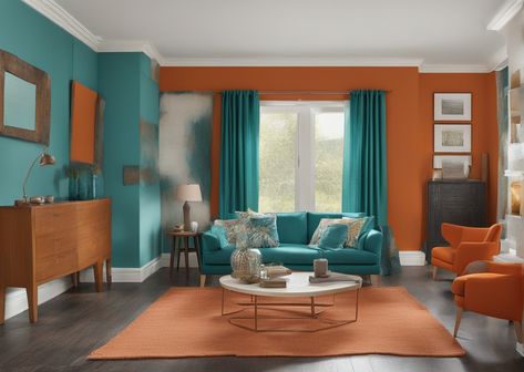 Spicing Up Your Burnt Orange Walls: Top 7+ Curtain Colors - DreamyHomeStyle Rust Living Room Walls, Burnt Orange Walls, Dark Teal Curtains, Boho Living Room Decor Ideas, Paint Pallette, Burnt Orange Living Room, Curtain Colors, Sustainable Living Room, Living Room Turquoise