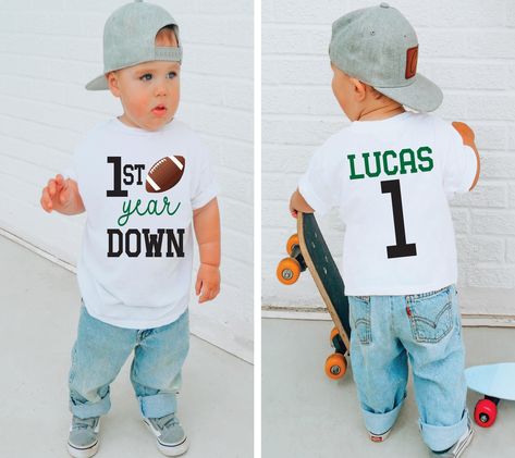 1st year down, 1st birthday boy, first birthday, football birthday , football theme, football shirt, football party, sports birthday party by JADEandPAIIGE on Etsy First Round Draft Pick Birthday, Football Birthday Shirt, First Birthday Football Theme Baby Boy, First Year Down Football Birthday Shirts, Football One Year Old Birthday Shirt, Birthday Football Theme, Birthday Football, 1st Birthday Boy, 2nd Birthday Boys