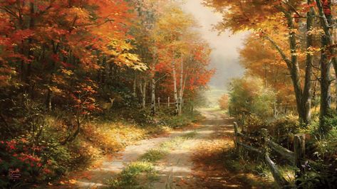 Thomas Kinkade Fall, Autumn Scenery Painting, Autumn Digital Art, Autumn Oil Painting, Thomas Kinkade Paintings, Painted Trees, Kinkade Paintings, Painting Background, Country Lane