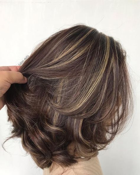 Hair Dye Ideas For Pale Skin, Brown Hair With Lowlights And Highlights, Short Highlighted Hair, Haircuts For Fine Flat Hair, Short Curly Bob Haircuts, Caramel Hair Color Ideas, Blonde Highlights Short Hair, Curly Bob Haircuts, Caramel Hair Color