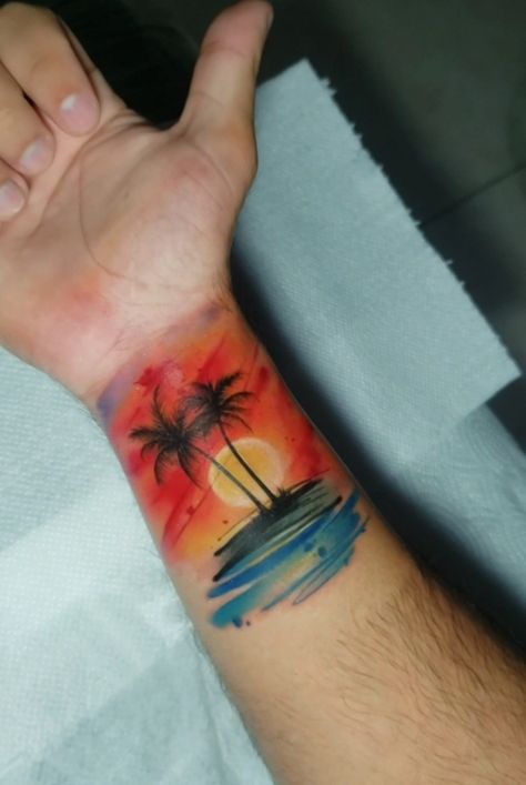 Trash Polka Style Tattoo, Sunset Tattoo Men, Watercolor Sunset Tattoo, Sunset Tattoo Color, Sunset Beach Tattoo, Sunset Tattoos For Women, Beach Tattoo For Men, Beach Theme Tattoos, Watercolor Bike