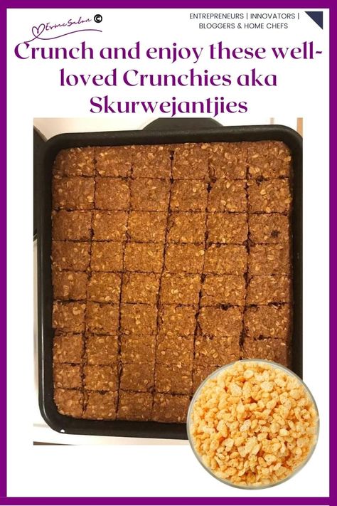 Crunch and enjoy these well-loved Crunchies aka Skurwejantjies! These delightful South African treats are crispy on the outside, yet chewy and rich on the inside. Perfect for a quick snack, dessert, or even as a lovely homemade gift. Made with oats, honey, and a touch of coconut, they offer a delicious blend of flavors that will leave you wanting more. These Crunchies are sure to become a family favorite. Try the recipe today and bring a bit of South African sweetness into your home! 🇿🇦   Entrep South African Desserts, African Dessert, South African Recipes, Easy Comfort Food, Golden Syrup, Home Chef, Quick Snacks, African Food, Family Favorites