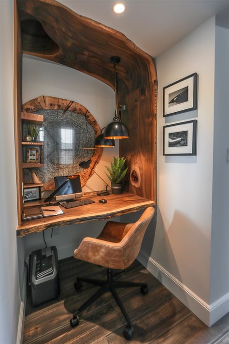 Rustic Wooden Home Office Nook • A functional and stylish workspace carved into a niche, featuring a natural wood desk with a raw edge, complemented by a large wooden arch with textured decoration. • An industrial-style black pendant light illuminates the area, enhancing the warm wood tones. • A plush taupe chair adds comfort, and framed black and white photographs on the light gray wall bring a personal touch to the space. Home Office Nook, Natural Wood Desk, Taupe Chair, Office Rustic, Office Nook, Wooden Arch, Rustic Aesthetic, Light Grey Walls, Gray Wall