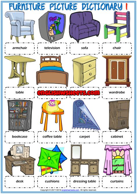 Furniture ESL Printable Picture Dictionary Worksheets For Kids House Objects, Household Goods, My Home Worksheet For Kids, Vocabulary Games For Kids, Test For Kids, Esl Vocabulary, Picture Dictionary, Kids Worksheets Printables, Learning Cards