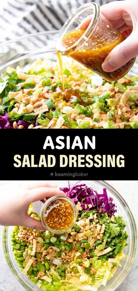 Asian Salad Dressing from Beaming Baker. Sweet and savory with a sesame ginger twist and bright flavor for the best Asian Salad Dressing! Best Asian Salad, Asian Salad Recipe, Asian Salad Dressing, Asian Inspired Salad, Salad Kit, Sesame Ginger Dressing, Gluten Free Salads, Salad Kits, Sesame Ginger