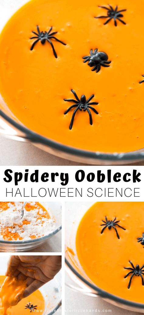 Halloween Oobleck - Little Bins for Little Hands Halloween Theme Activities For Kindergarten, Halloween Learning Activities Toddlers, Pumpkin Themed Preschool Activities, Halloween Preschool Science, Prek Halloween Activities, Halloween Oobleck, Boo Brunch, Playgroup Themes, Oobleck Recipe