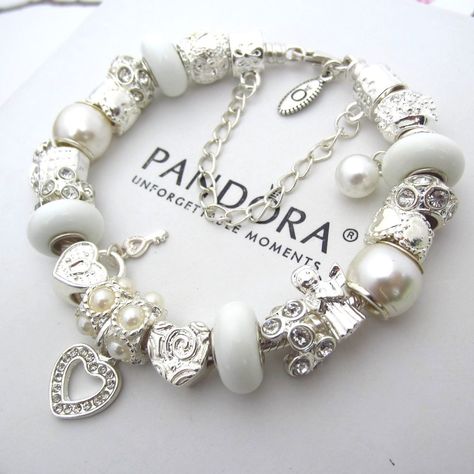 Authentic PANDORA Sterling Silver Bracelet with White Pearlescent Charms Heart  #PandoraBracelet #European Pandora Bracelet Charms Ideas, Pandora Bracelet Designs, Bracelet With Charms, Pandora Collection, Pandora Jewelry Charms, Charms Pandora, African Necklace, Queen Fashion, Jewelry Accessories Ideas