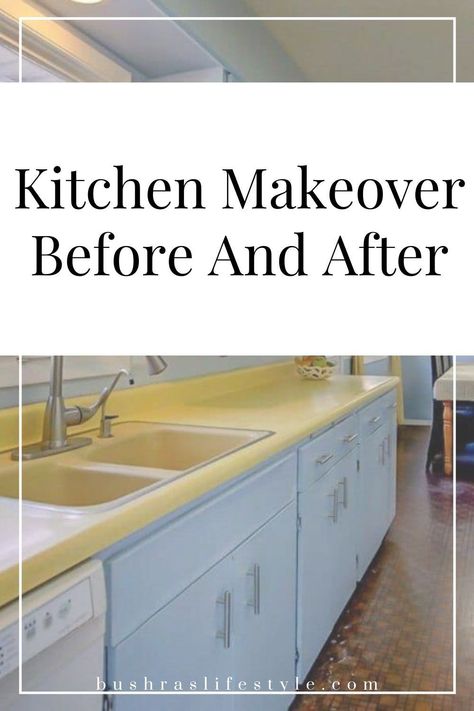 Kitchen makeover before and after. How to give your outdated kitchen a makeover. #kitchenmakeover #kitchenbeforeandafter Yellow Countertop Kitchen, Ugly Kitchen, Outdated Kitchen, Before And After Kitchen, Laminate Cabinets, Painted Cabinets, Makeover Before And After, Yellow Tile, Tile Countertops