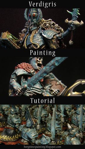 A tutorial for painting verdigris / patina / oxidized effect on miniature's armor, very heavy effect that is. Paint Miniatures, Warhammer Paint, Miniature Gaming, Blood Bowl, Space Wolves, Miniature Wargaming, Paint Effects, Warhammer 40k Miniatures, Model Paint