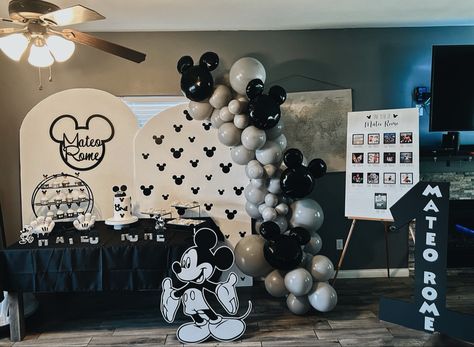 Modern Mickey Mouse First Birthday Black and White Mickey Mouse Vintage Mickey Mouse First Birthday Decor Mickey Mouse Birthday Backdrop Mickey Mouse Birthday Party Backdrop, Vintage Mickey 1st Birthday, Mickey Mouse Birthday Party Ideas 1st Black And White, Mickey Black And White Party, Black And White Mickey Birthday, Mickey Birthday Backdrop, Black And White Mickey Mouse Birthday, Mickey Mouse First Birthday Invitations, Old School Mickey Mouse Birthday