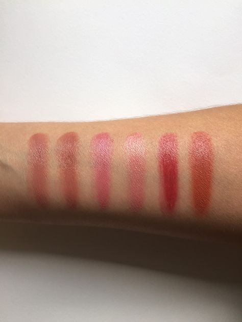 Swatches of the complete set of Tata Harpers Lip and Cheek Colours. From Left: Very Nice, Very Popular, Very Charming, Very Sweet, Very Naughty, Very Vivacious. All available instore and online at www.beingcontent.com Tata Harper Lip And Cheek Tint, Tata Harper Skincare, Skincare Natural, Tata Harper, Color Test, Green Beauty, Natural Skincare, Best Products, Makeup Products