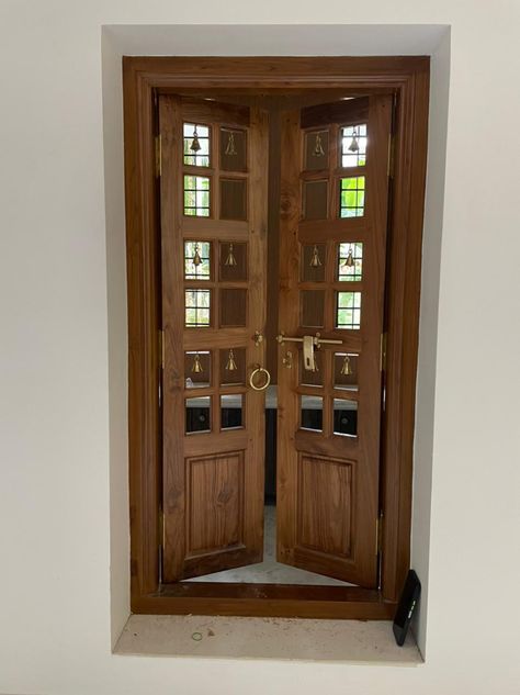 Pooja Room Door Designs Woods, Pooja Room Gate Design, Kerala Style Pooja Room Design, Kerala Pooja Room Designs, Double Door Pooja Room Design, Puja Room Door Design Wood, Door Design For Pooja Room, Wooden Pooja Door Design, Doors For Pooja Room