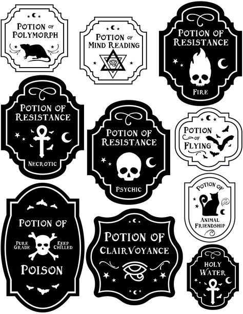 Supplement your adventure with these labels for witchy 5e potions (printer-friendly). Dungeons And Dragons Potions, Potion Labels Free Printables, 5e Potions, Witchy Labels, Potions Labels, Labeling Ideas, Potion Bottle Labels, Potion Ideas, Buffet Halloween