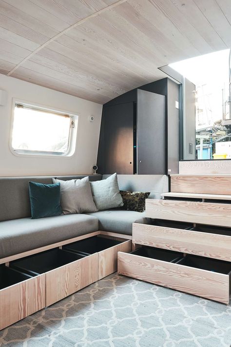 Photo 10 of 15 in 7 Must-See Houseboats You Can Buy Right Now - Dwell Living Room Furniture Diy, Blue Living Room Furniture, Narrowboat Interiors, Boat House Interior, Houseboat Living, Light Hardwood Floors, Boat Interior, Farmhouse Living Room, Floating House