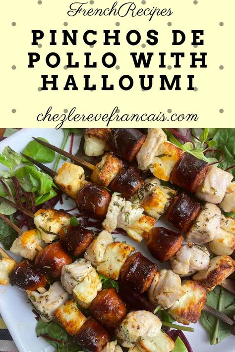 chicken, chorizo and halloumi skewers on a plate. Halloumi Skewers, Chorizo Appetizer, Chicken And Halloumi, Baked Halloumi, Venison Burgers, Dips Recipes, Party Dip Recipes, Chicken Chorizo, Appetizers For Kids