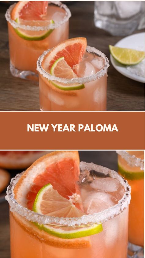 New Year Paloma recipe made of tequila, grapefruit juice, lime juice, and a touch of soda water it serves 2 and takes about 5 minutes to prepare. A refreshing and tangy cocktail perfect for ringing in the new year! Winter Paloma Cocktail, Cocktails With Grapefruit Juice, Grapefruit Recipes, Paloma Recipe, Ringing In The New Year, Juice Ice, Winter Fruit, Soda Water, Fruity Desserts