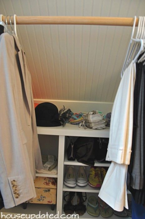 Here's another idea for Arlie's closet that would give her hanging bar space. Slanted Ceiling Closet, Small Home Storage, Deep Closet, Master Closet Organization, Laundry Room Storage Shelves, Attic Closet, Tiny Closet, Slanted Ceiling, Attic Ideas