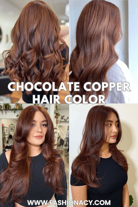 Chocolate Copper Hair Color Rich Chocolate Hair Color, Chocolate Red Hair, Chocolate Auburn Hair, New Hair Color Ideas, Chocolate Copper Hair, Medium Brunette Hair, Ash Blonde Hair Balayage, Copper Brown Hair, Hair Color Chocolate